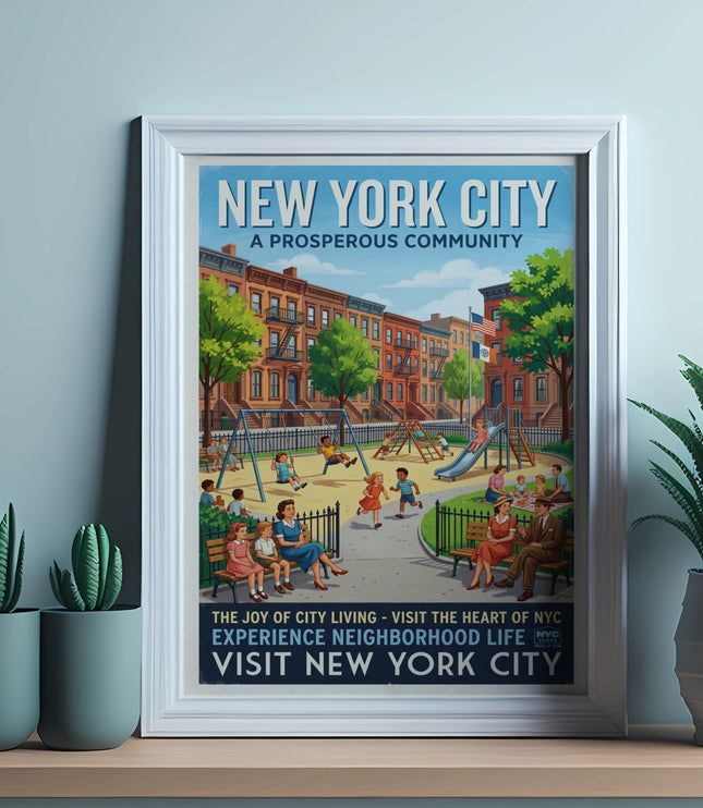 New York City poster of a park scene with text about city living.