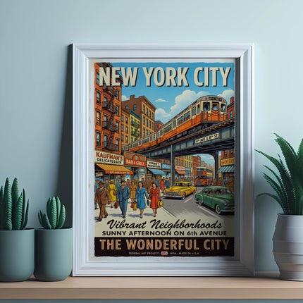 Vintage New York City poster with train, cars, and storefronts.