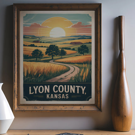 Vintage travel poster for Lyon County, Kansas, with a sunlit landscape.