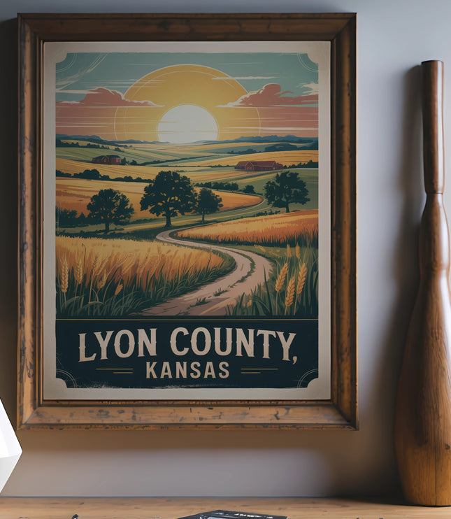Vintage travel poster for Lyon County, Kansas, with a sunlit landscape.