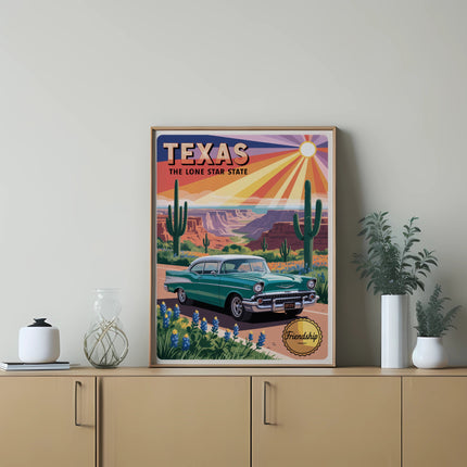 Vintage turquoise car in desert landscape with Texas text.