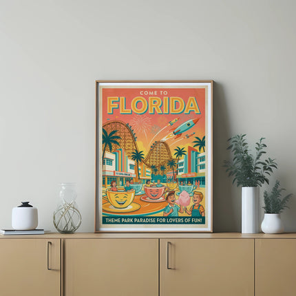 "Come to Florida" theme park poster with roller coasters and smiling cups of coffee.