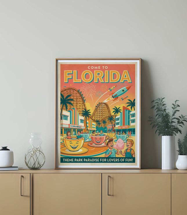"Come to Florida" theme park poster with roller coasters and smiling cups of coffee.