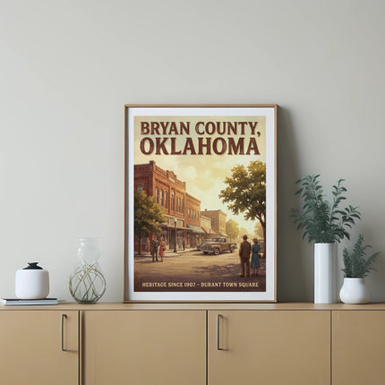 Bryan County, Oklahoma vintage poster shows Durant Town Square, heritage since 1907.