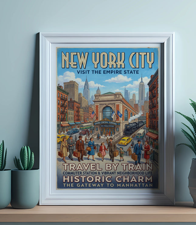 New York City travel poster depicting Grand Central Terminal, people, and trains.