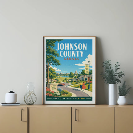 Vintage travel poster for Johnson County, Kansas, depicting a charming town and countryside.