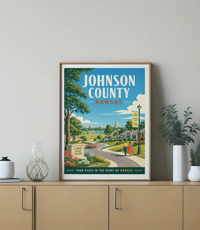 Vintage travel poster for Johnson County, Kansas, depicting a charming town and countryside.