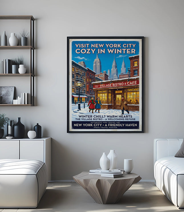 New York City cozy in winter travel poster featuring Village Bistro & Cafe.