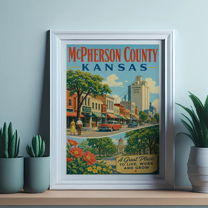 McPherson County Kansas vintage poster with town scene and text.