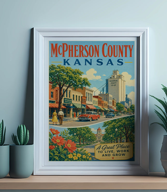 McPherson County Kansas vintage poster with town scene and text.