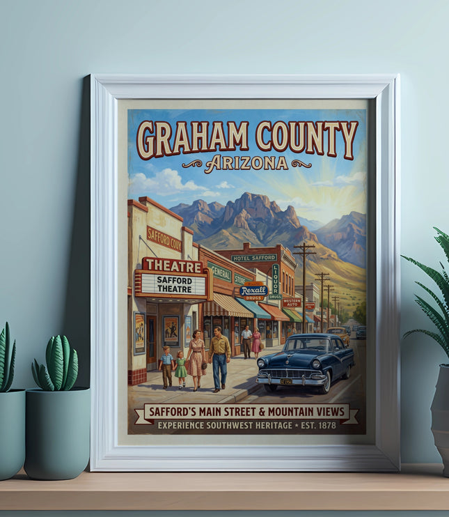 Graham County Arizona vintage poster depicting Safford's Main Street and mountain views.