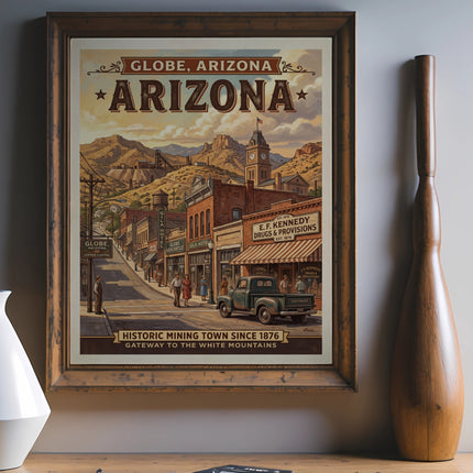 Vintage poster of Globe, Arizona, featuring a historic street scene and mining operations.