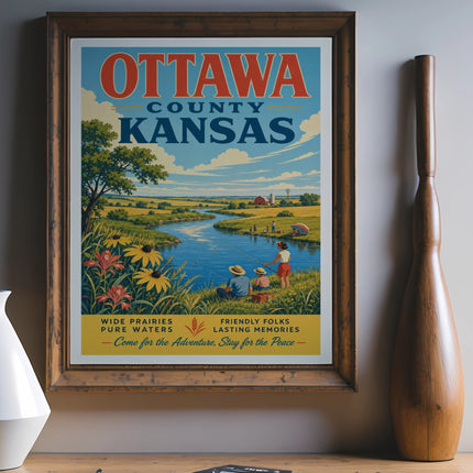 Ottawa County, Kansas vintage travel poster with scenic landscape and text.