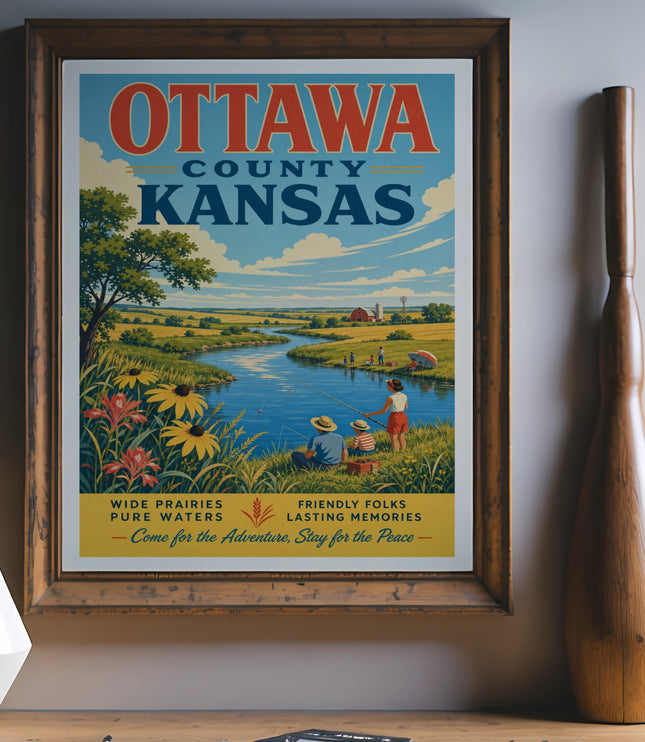 Ottawa County, Kansas vintage travel poster with scenic landscape and text.