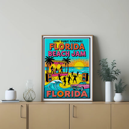 Poster for Florida Beach Jam featuring a pink classic car, band, and ocean waves.