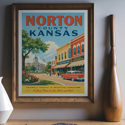 Norton, Kansas vintage travel poster with drugstore and hardware store.