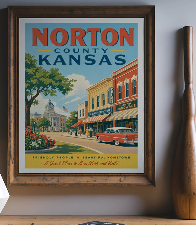 Norton, Kansas vintage travel poster with drugstore and hardware store.