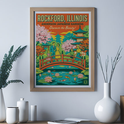 Vintage travel poster of Rockford, Illinois with a pagoda and bridge over a pond.