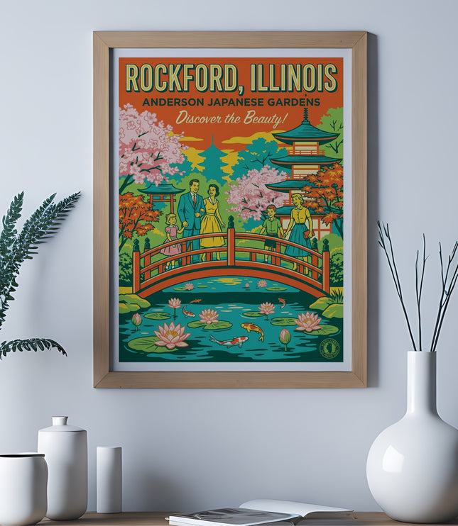 Vintage travel poster of Rockford, Illinois with a pagoda and bridge over a pond.