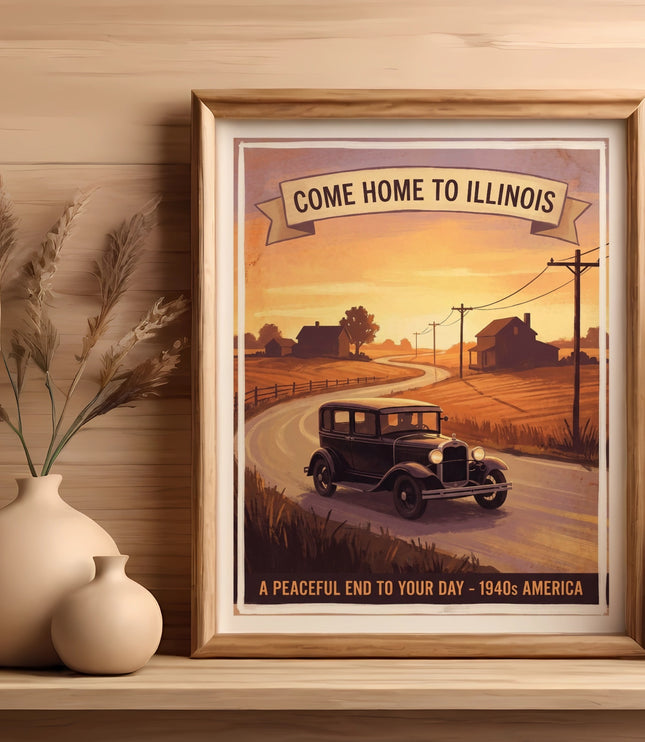 Vintage poster for Illinois with classic car on a road at sunset.