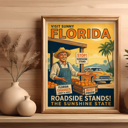 Vintage Florida roadside stand poster with oranges and car.