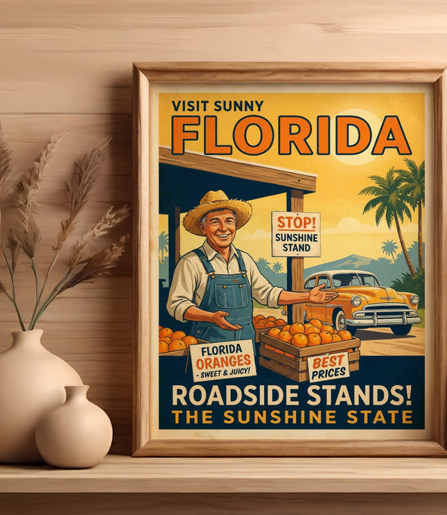 Vintage Florida roadside stand poster with oranges and car.