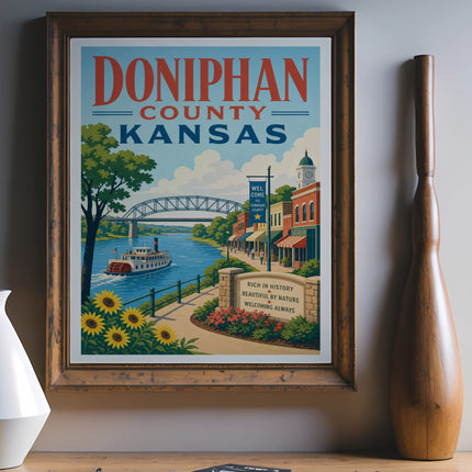 Doniphan County, Kansas poster with river, bridge, sunflowers, and town buildings.