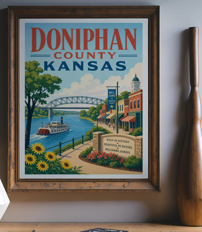 Doniphan County, Kansas poster with river, bridge, sunflowers, and town buildings.