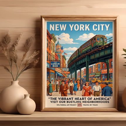 New York City WPA poster with train over bustling street and "The Vibrant Heart of America" text.