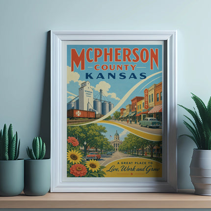 McPherson County, Kansas vintage travel poster with text.