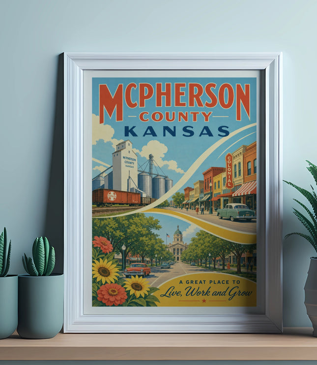 McPherson County, Kansas vintage travel poster with text.