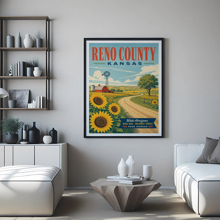 Reno County Kansas poster with sunflowers, windmill, and scenic landscape.