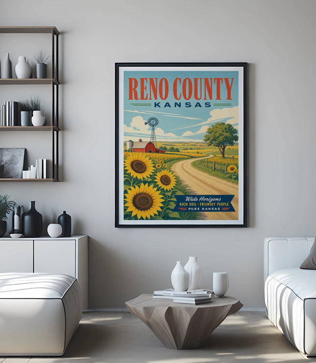 Reno County Kansas poster with sunflowers, windmill, and scenic landscape.
