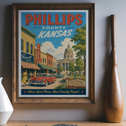 Vintage poster of Phillips County, Kansas, featuring the Newell Store and courthouse.
