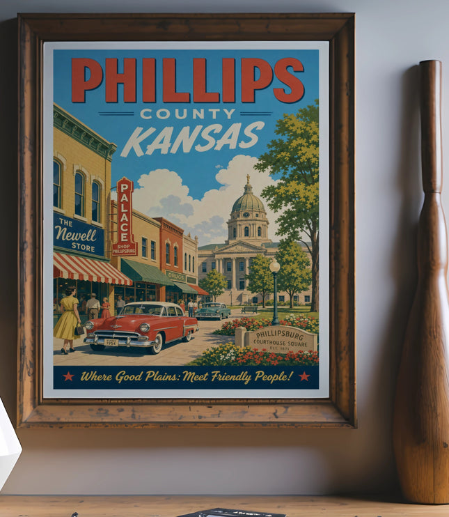 Vintage poster of Phillips County, Kansas, featuring the Newell Store and courthouse.