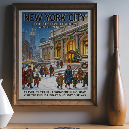 New York City festive library winter travel poster with text.