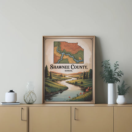 Map of Shawnee County, Kansas, with colorful topographic lines and text.