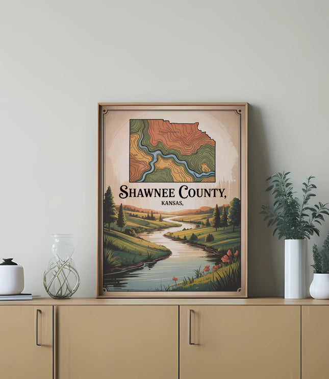 Map of Shawnee County, Kansas, with colorful topographic lines and text.
