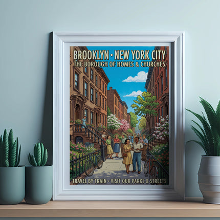 Brooklyn, New York City travel poster with people on street.