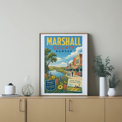 Marshall County, Kansas vintage travel poster with river and prairie scene.