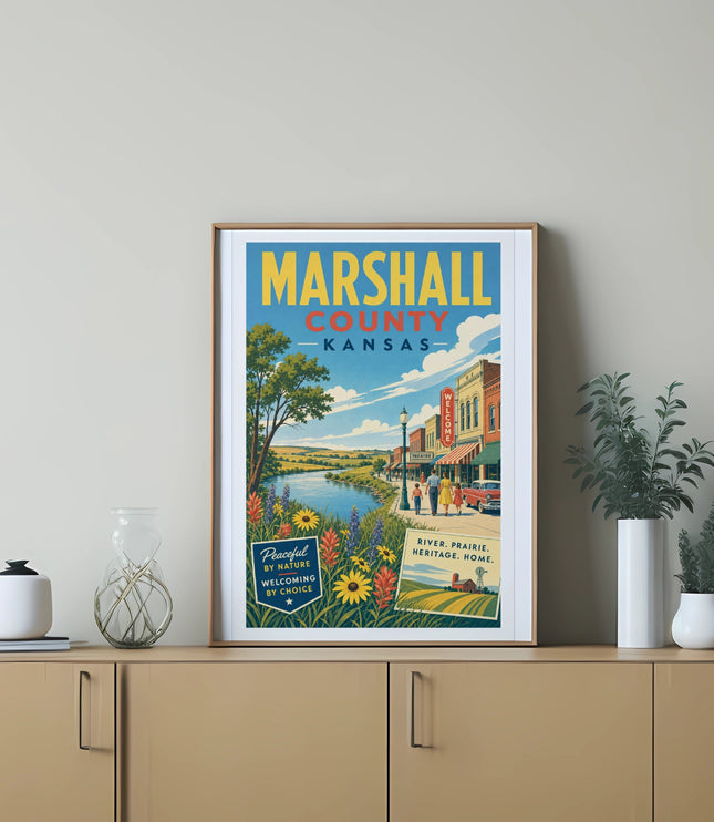 Marshall County, Kansas vintage travel poster with river and prairie scene.