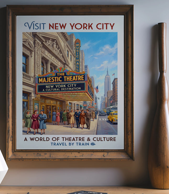 Vintage poster of New York City's Majestic Theatre, a cultural destination, travel by train.