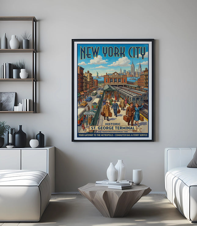 New York City vintage travel poster of St. George Terminal, circa 1940.