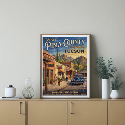 Vintage travel poster for Pima County, Arizona, showing Congress Street in Tucson.