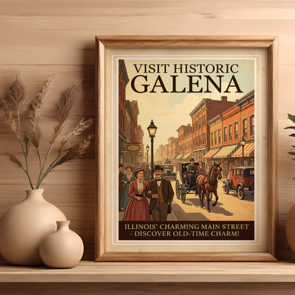 Framed vintage poster "Visit Historic Galena, Illinois' Charming Old-Time Charm".