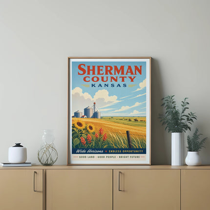 Sherman County Kansas poster with silos, fields, and text.