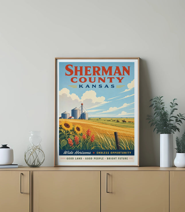 Sherman County Kansas poster with silos, fields, and text.