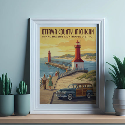 Ottawa County, Michigan, Grand Haven's Lighthouse District vintage travel poster.