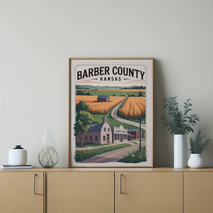 Framed print of Barber County, Kansas landscape with buildings and fields.