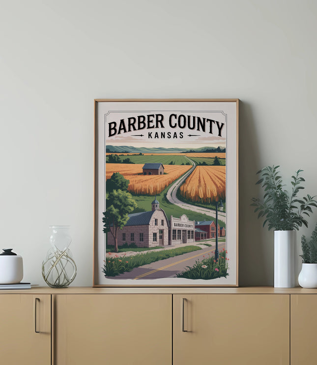 Framed print of Barber County, Kansas landscape with buildings and fields.